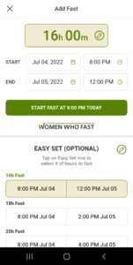 Women Who Fast app add fasting details for start and end times and fasting goal of hours to fast on the Women Who Fast app