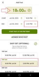 Women Who Fast app set fasting goal of how many hours to fast and see the end time in the easy set on the add fast screen on the Women Who Fast app