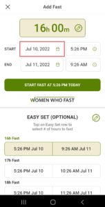 Women Who Fast app add fast screen shows the date and time to start a fast and when that fast will end on the Women Who Fast app