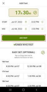Women Who Fast app add fast screen shows the Add Fast button to tap to start a fast after the fasting start and end time and number of hours to fast is set on the Women Who Fast app
