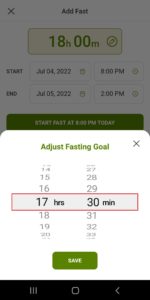 Women Who Fast app adjust fasting goal to scroll and set the number of hours and the number of minutes to set you fasting time on the Women Who Fast app
