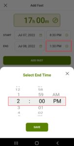 Women Who Fast app add fast screen how to select the end time for the fast by scrolling the time of day hours and minutes on the Women Who Fast app
