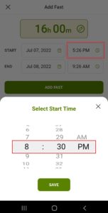 Women Who Fast app add fast screen shows how to scroll to set the start time for the hour and minutes on the Women Who Fast app