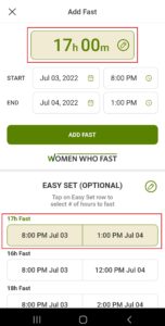 Women Who Fast app add fast screen shows the easy set number of hours to fast on the top of the easy set list is shown as the number of hours to fast at the top of the add fast screen on the Women Who Fast app