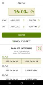 Women Who Fast app add fast screen to set up default fasting times that are frequently used on the Women Who Fast app