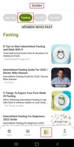 Women Who Fast app Guides tab screen has a list of articles on various topics about intermittent fasting to learn more about fasting on the Women Who Fast app