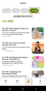 Women Who Fast app Guides tab screen has a list of articles to explain what happens during the phases of fasting for 16 or more hours of fasting on the Women Who Fast app