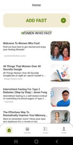 Women Who Fast app home screen has Add Fast button at the top of the screen and articles listed to read and button at the bottom to navigate to the Calendar and Guides and Profile screens on the Women Who Fast app
