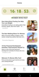 Women Who Fast app home screen shows fasting timer in progress at the top and a list of articles to read on the Women Who Fast app