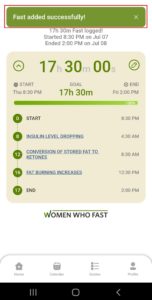 Women Who Fast app add fast screen shows when a fast is started that the fast added successfully on the Women Who Fast app