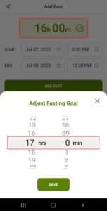 Women Who Fast app add fast screen shows how to adjust the fasting goal for the number of hours to fast be scrolling the number of hour and minutes to fast on the Women Who Fast app