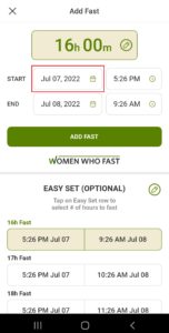 Women Who Fast app add fast screen shows the date and time to start a fast and when that fast will end