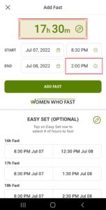 Women Who Fast app add fast screen shows the date and time the fast is set to end and how many hours are set to fast on the Women Who Fast app