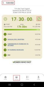 Women Who Fast app add fast screen shows the fasting status of a fast from the calendar on the Women Who Fast app