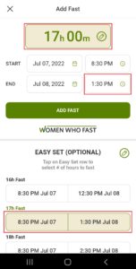 Women Who Fast app add fast screen shows the date and time the fast will end when you select the start time and the number of hours to fast on the Women Who Fast app