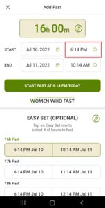 Women Who Fast app add fast screen shows the date and time to start a fast and when that fast will end and the fasting hours at the top of the add fast screen on the Women Who Fast app