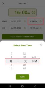 Women Who Fast app add fast screen shows how to scroll on the hours and minutes to set the start time for a fast on the Women Who Fast app