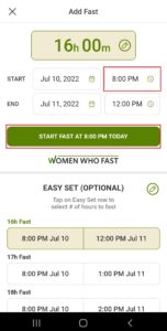 Women Who Fast app add fast screen shows button to start fast at the time the fast was selected to start on the Women Who Fast app