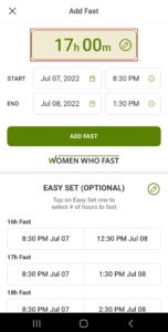 Women Who Fast app add fast screen shows the number of hours to fast at the top can be adjusted on the Women Who Fast app
