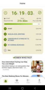 Women Who Fast app showing the fasting timer in progress with the stages of fasting for the fast on the home screen on the Women Who Fast app