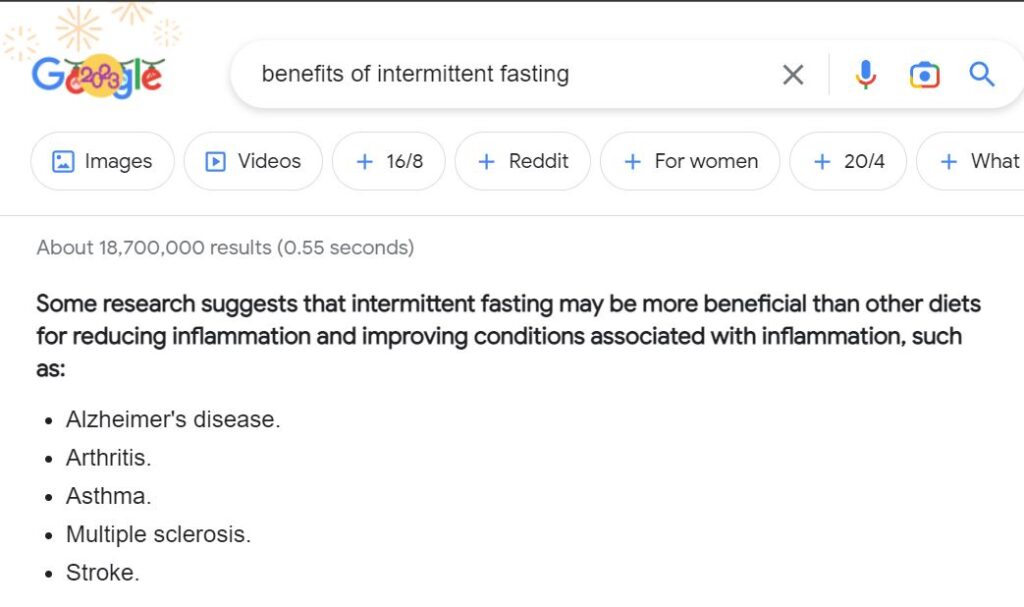 Google search results showing how intermittent fasting improves health